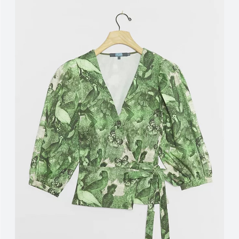 Anthropologie Eva Franco aves wrap blouse parrot & butterfly print